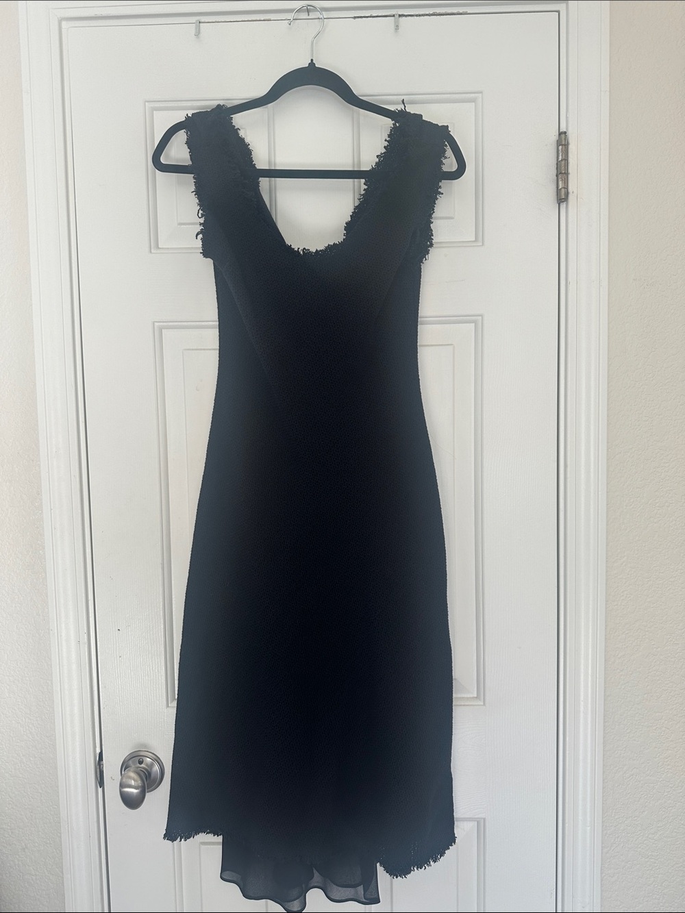 Zara Black Textured Cowl Neck Midi Dress with Frayed Trim